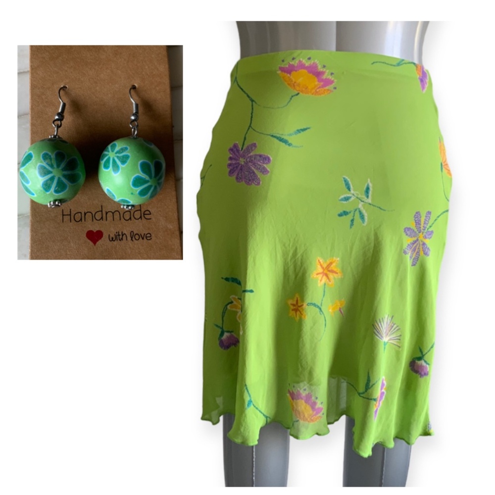 Y2K Cream Collezione Lime Green Floral Skirt Size M & Gift Handcrafted Earrings